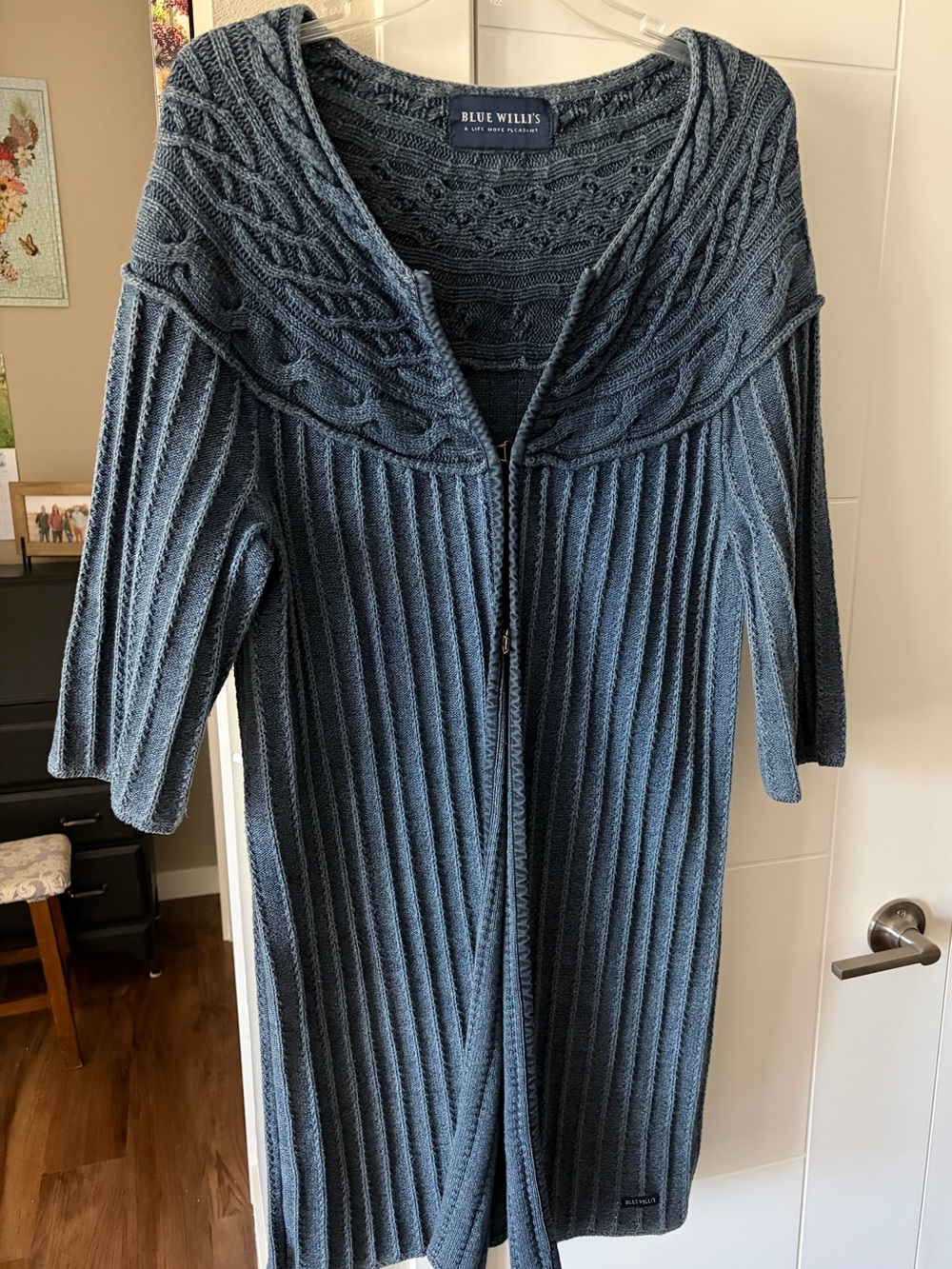 Blue Willli's Cable Yoke Ribbed Longline Cardigan- size large, Steel Blue